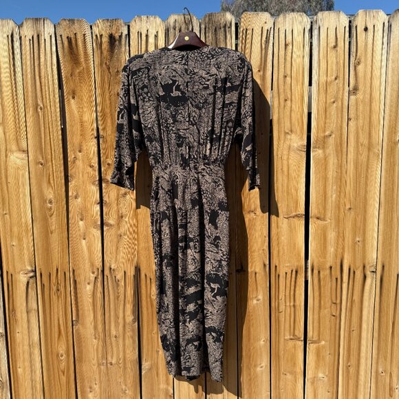 Vintage Dress 80s does 40s Abstract Print Long Sleeve Draped Dress Dark Print - Picture 10 of 12